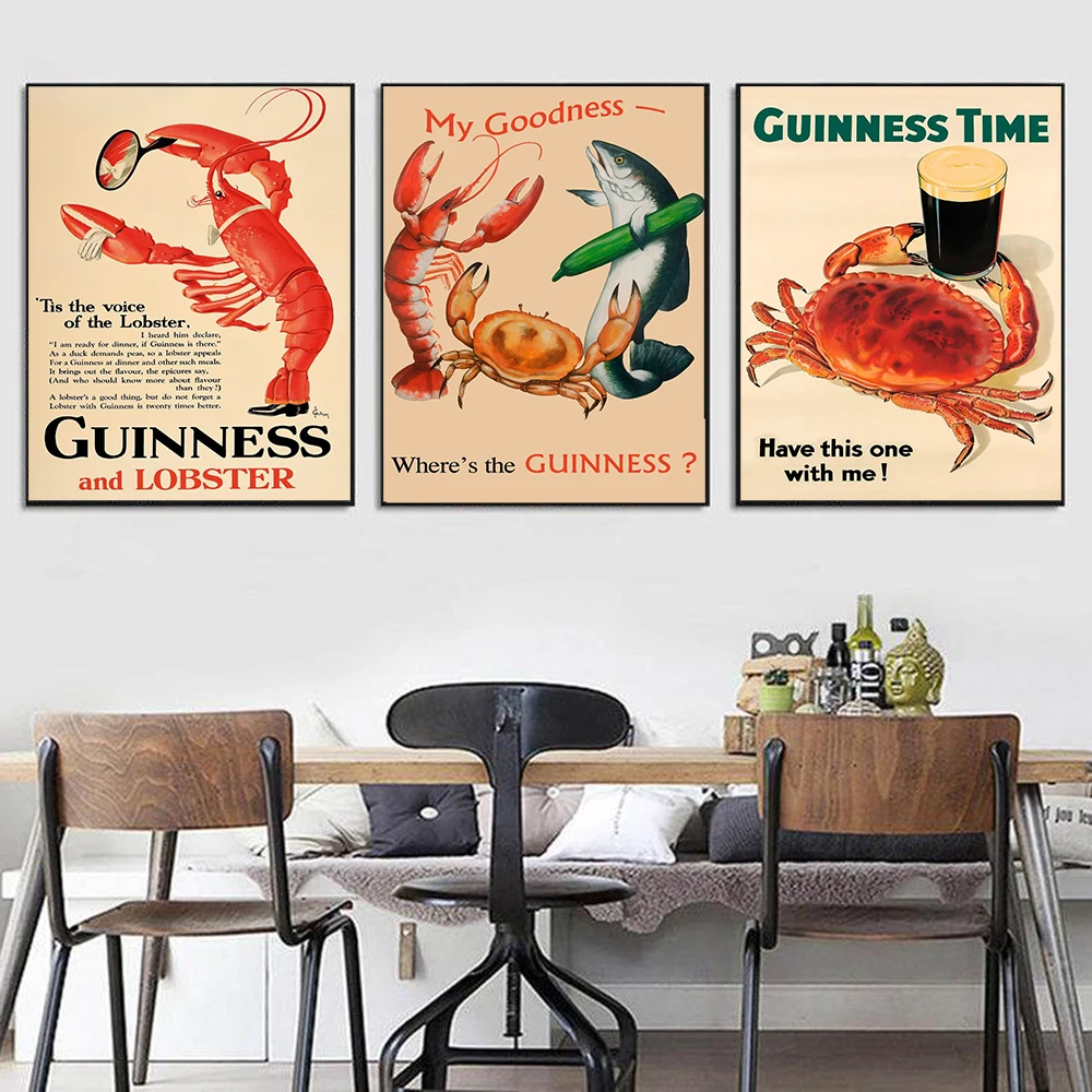 Guinness Vintage Style Posters Lobster And Crab Pub Décor Cafe Wall Art Alcohol Theme Gift For Him Irish Bar And Kitchen Prints