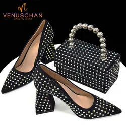 Venus Chan High Heels with Bag, Elegant Pointed Toe for Party, African Black Shiny Rhinestone Shoes Set of Italian 2024