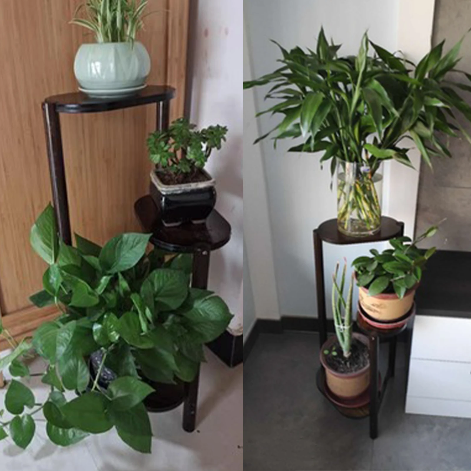 Balcony Natural Bamboo Plants Stand Anti-slip Foot Pads Surface Spray Treatment 3-Layer Bamboo Bonsai Shelf Freestanding Flower