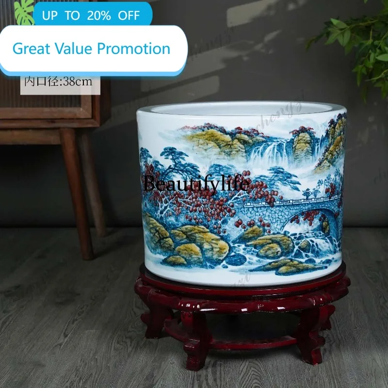 B178 Jingdezhen ceramic hand-painted vase floor painting and calligraphy scroll cylinder living room study Chinese ornament