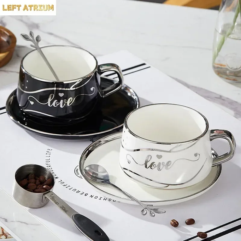 Nordic ins style girls simple high-value ceramic coffee cup and saucer set medium and ancient silver afternoon tea couple cup