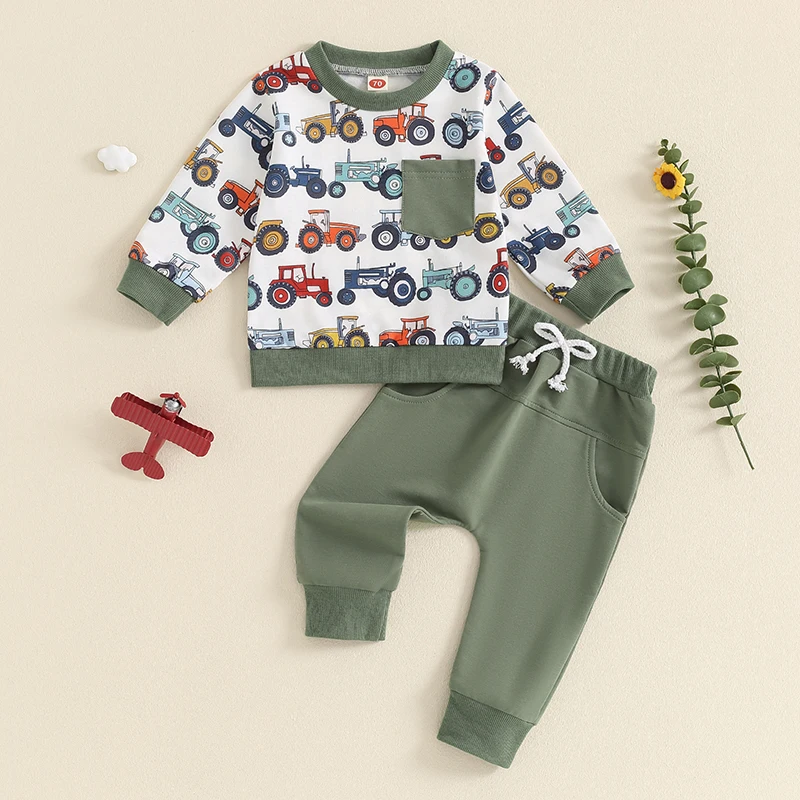 2024-05-17 Lioraitiin Baby Boys Set, Long Sleeve Crew Neck Tractor Print Sweatshirt with Elastic Waist Sweatpants Infant Clothes