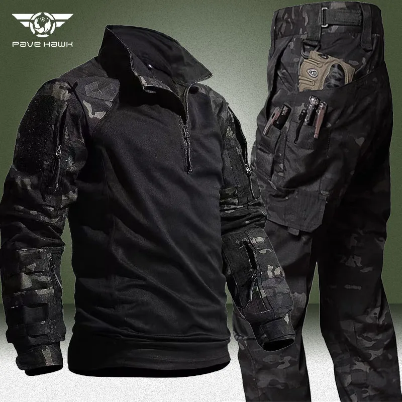 Autumn Cargo Sets Men Camo Breathable Wear-resistant Long Sleeve Tshirt+Multi-pocket Straight Pant 2 Pcs Suit Spring Uniform Set