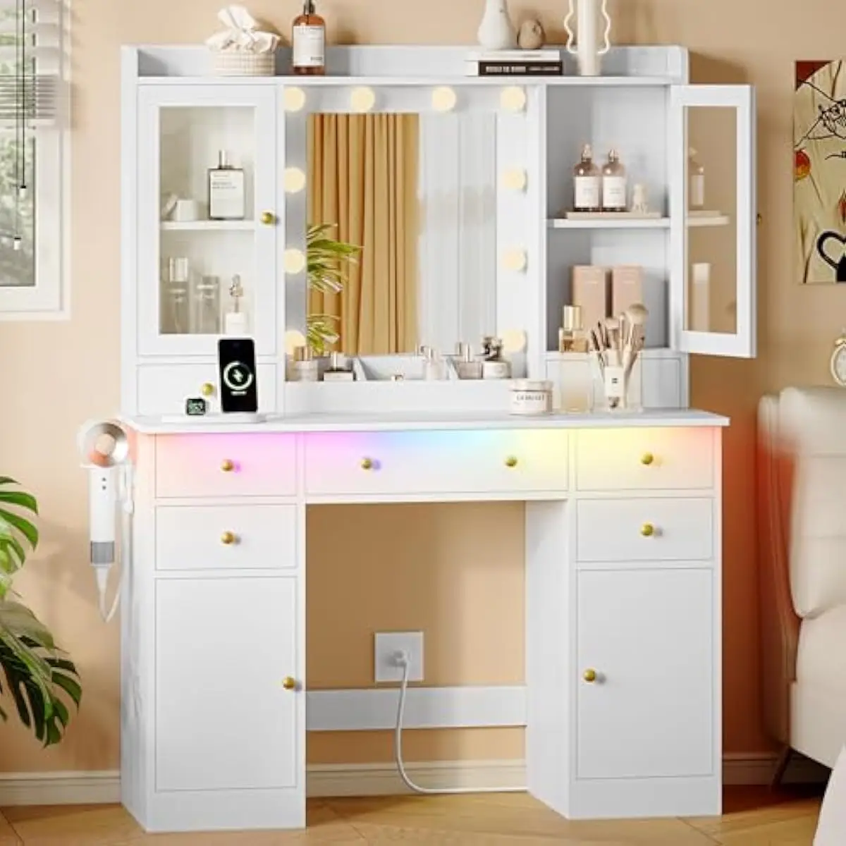 44 Inch Modern Vanity Desk Featuring Adjustable LED Mirror Lighting, RGB Ambient Under-Table Glow, Spacious Glass Cabinets, Mult