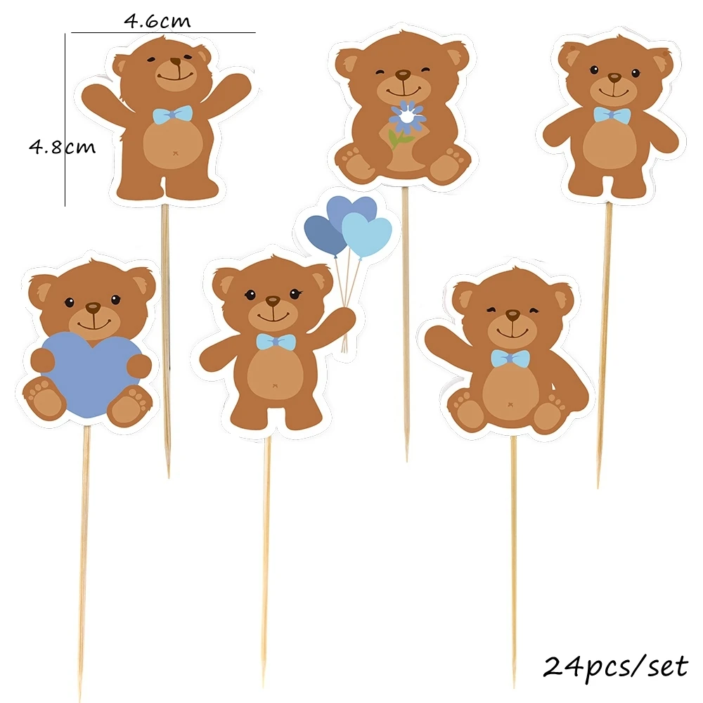 Cartoon Bear Paper Cupcake Toppers Hanging Labels for Kids Bear Happy Birthday Party Cake Decoration DIY Gifts Wrapping Supplies