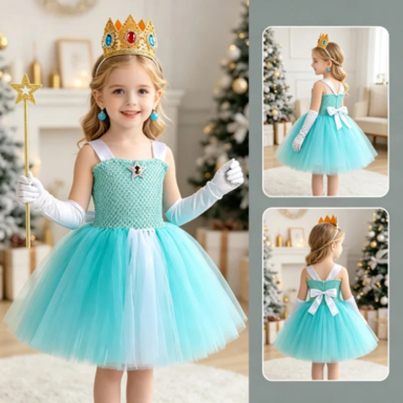 Turquoise Princess Dress for Girls, Tulle Ballet Tutu Skirt with Full Set Accessories, Halloween Christmas Birthday Party Gown