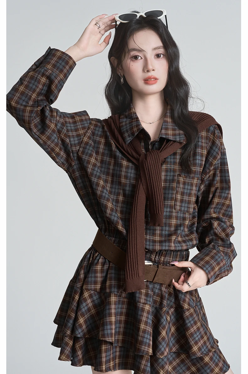 2025 Spring and Autumn Vintage Coffee Blue Gray Plaid Polo Collar Waist-Cinching Long Sleeve Shirt Short Skirt Knitted Shawl Set