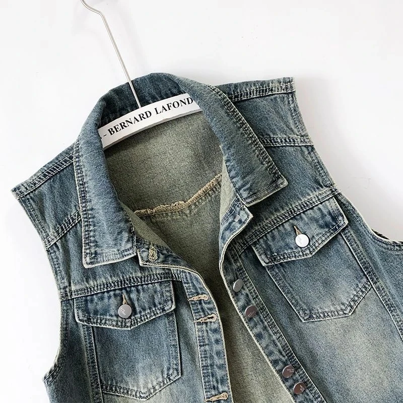 Retro Denim Jeans Vest Coat Women's Short Sleeveless Jeans Jacket Spring Autumn Lady Korean Loose Denim Waistcoat Camisole Tops