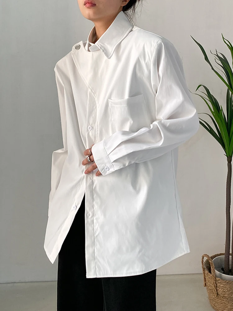 [EAM] Women White Irregular Big Size Blouse New Lapel Long Sleeve Loose Fit Shirt Fashion Tide Spring Autumn 2024 1DF7024