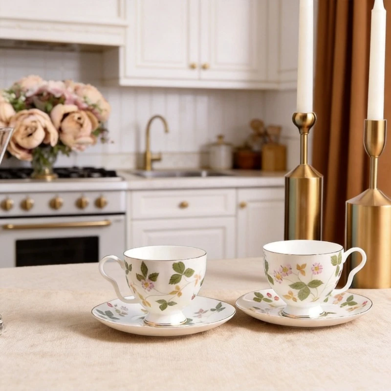 Creative Light Luxury Bone China Mugs Wild Strawberry European Coffee Cup Set Gift