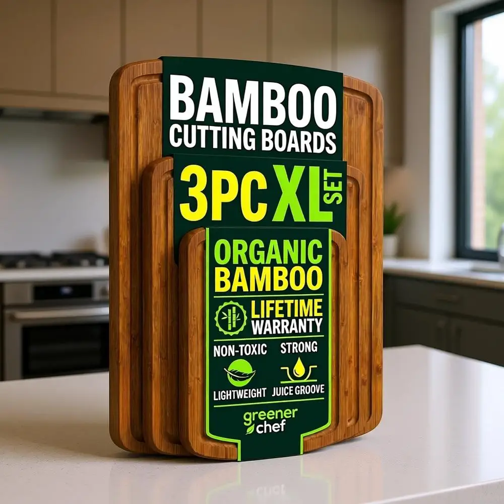 

Set of 3 Bamboo Cutting Boards with Lifetime Replacements - Eco-Friendly for Chopping Meat, Vegetables, and Fruits