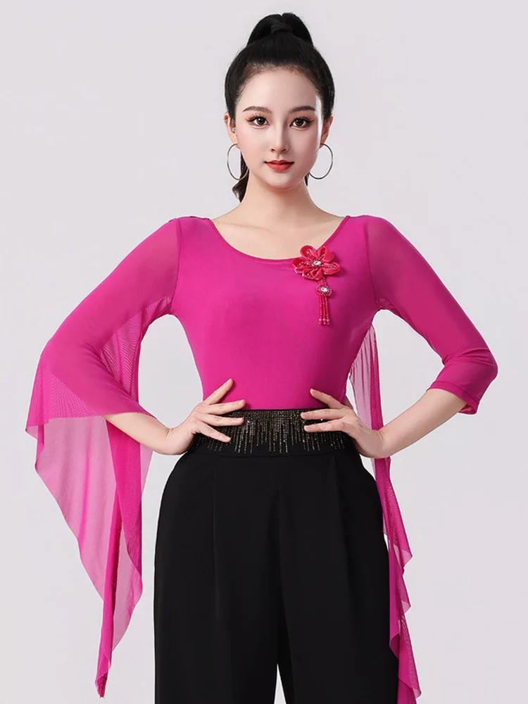 nueva-blusa-de-baile-de-salon-para-mujer-con-cuello-redondo-mangas-acampanadas-corte-ajustado-y-tejido-elastico-ideal-para-bailes-latinos-y-de-salon-transpirable-para-actividades-deportivas-y-de-fitness