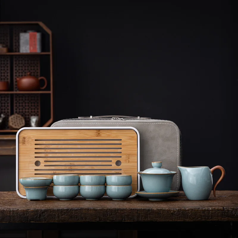 

Tianqing Ru Kiln Travel Kung Fu Tea Set Home Use Chinese Tea Drinking Complete Set Teapot Teacups Business Gift