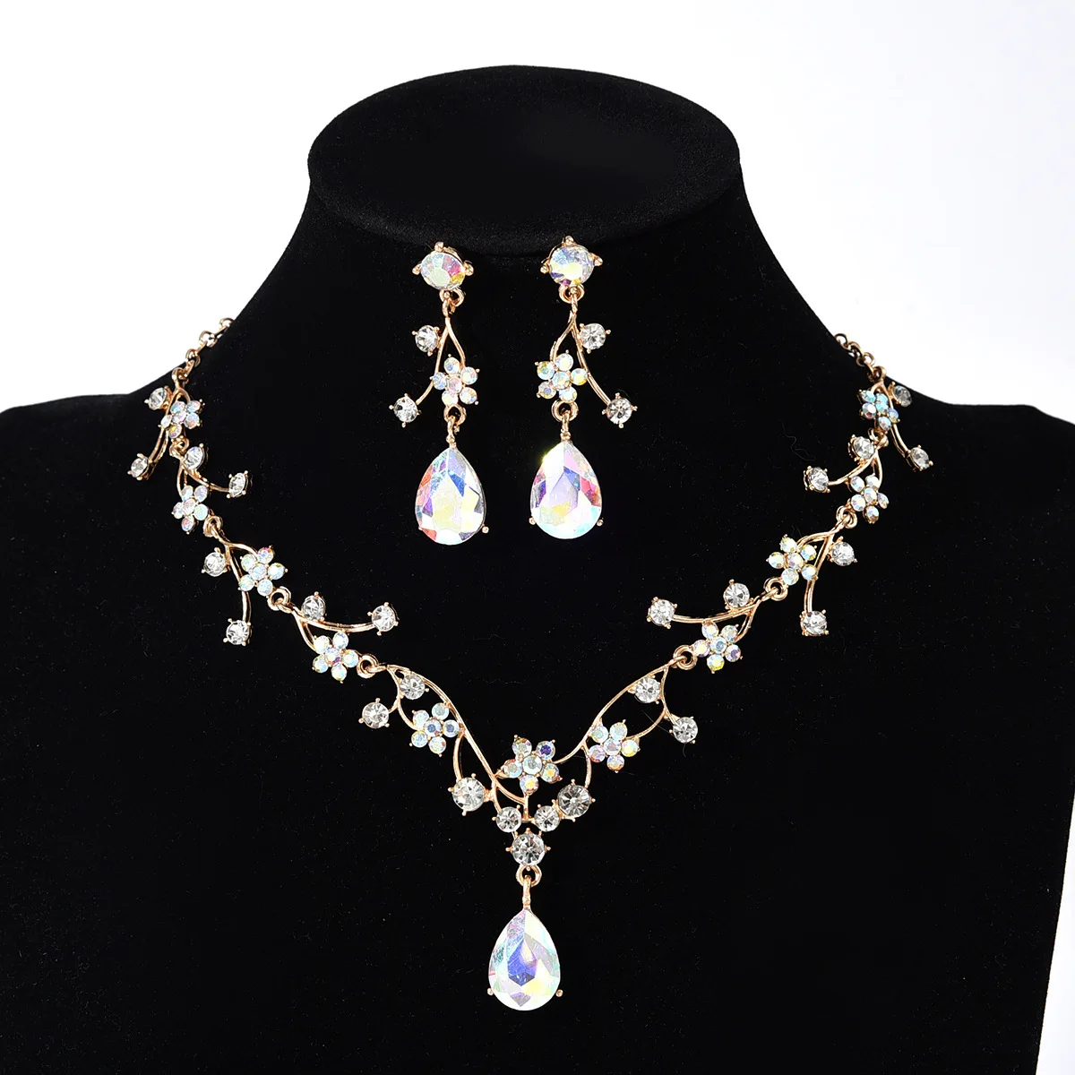 Luxuriöses Zirkon-Blumen-Anhänger Halskette und Ohrringe Schmuckset für Damen, Zierliche Kristall-Tropfen-Ohrringe Accessoires – Detail 12