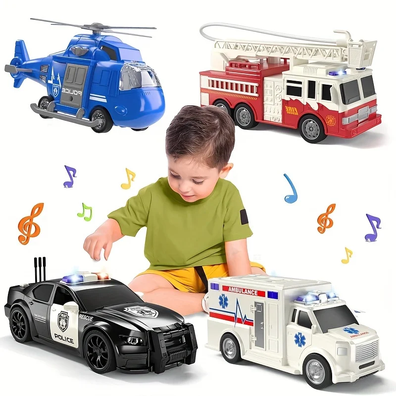 4-piece emergency rescue vehicle toy set, model, rescue helicopter, police car, fire truck, ambulance friction power toy, Hallow
