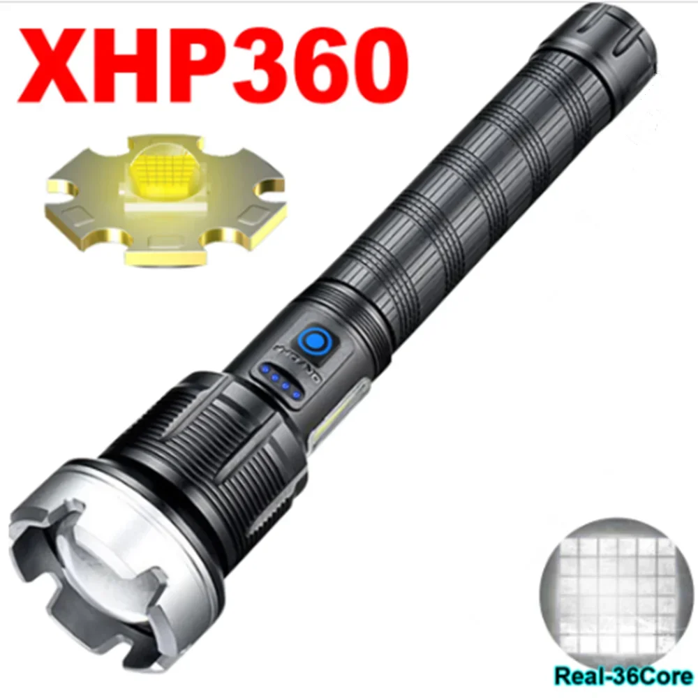 8000000LM XHP360+COB Powerful LED Flashlight Aluminum Torch With USB Charging Long Range Camping Zoom Lanterns