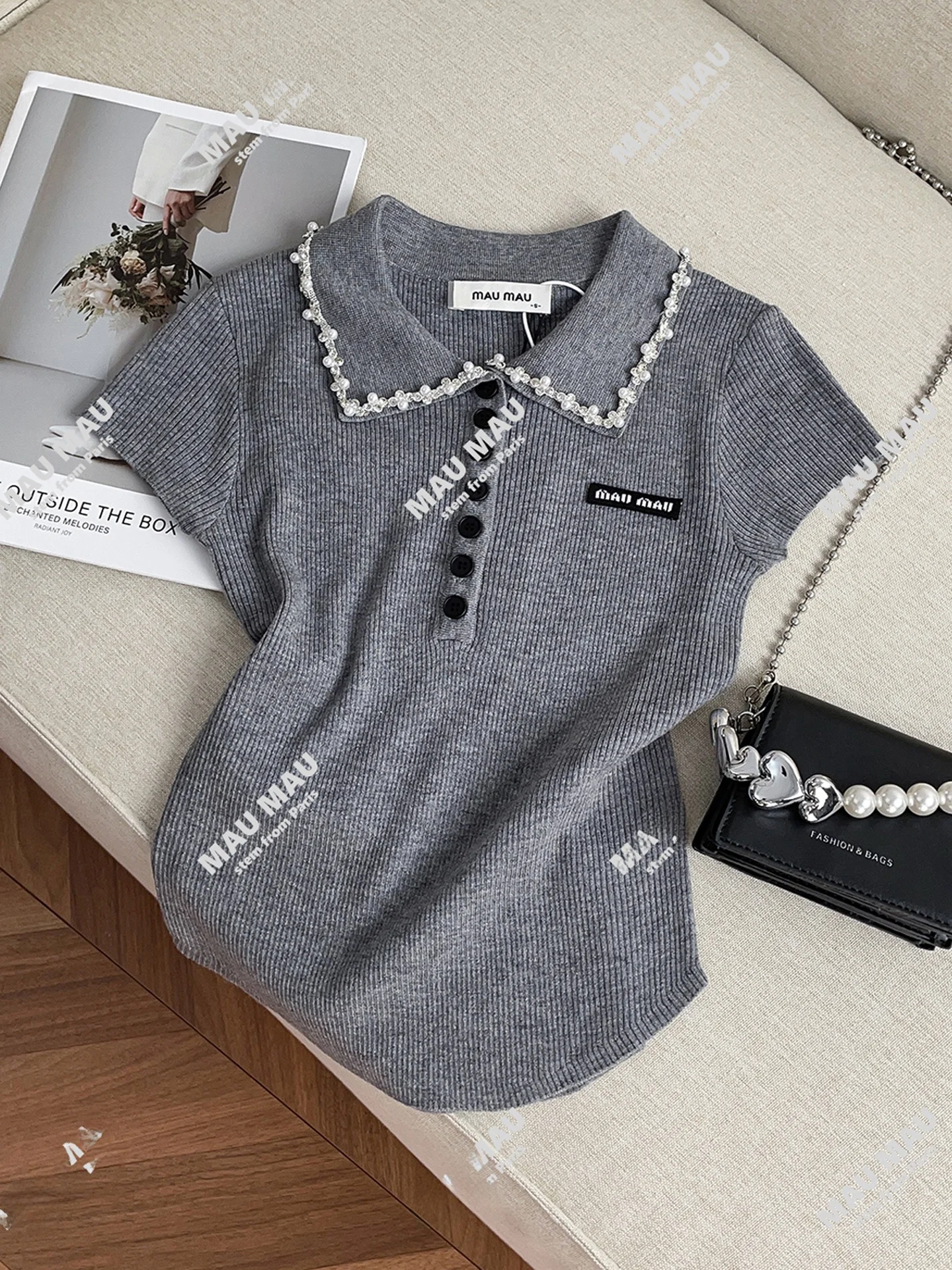 

High-End Women's Knitted T-irt Summer 2025 College Sle Beaded Top ort Sve round Ne Commute Sle Regular Fit