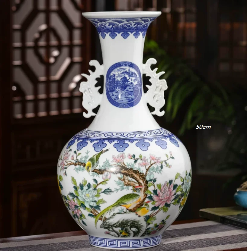 50cm/Jingdezhen Large Ceramic Flower Arrangement Vase Decoration Living Room Entrance Floor to Floor Large Vase Retro Middle Hal