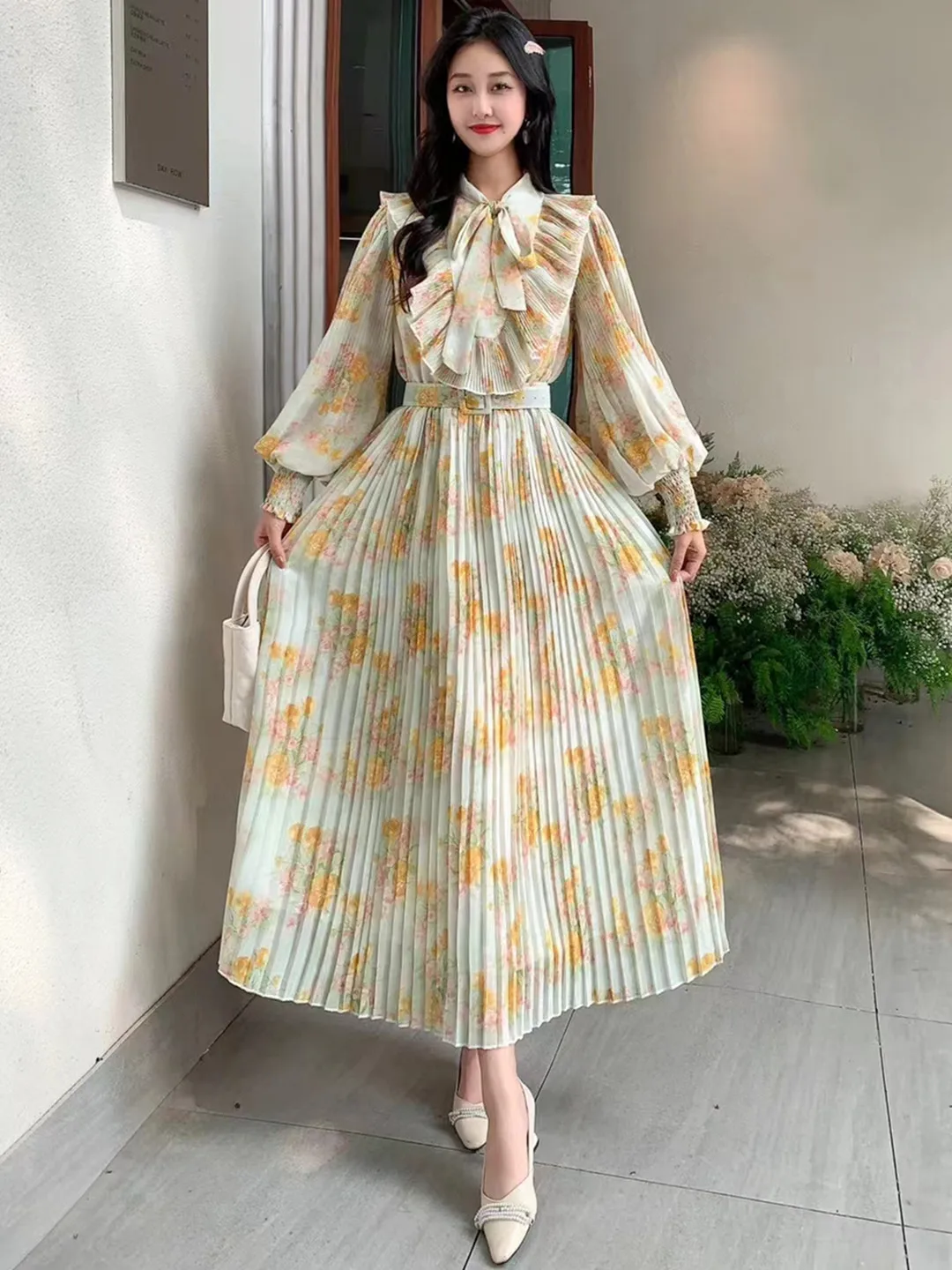 2024 New Spring Autumn Women Bow Collar Long Sleeve Belt Slim Long Dress Sweet Ruffles Pleated Big Hem Chiffon Floral Dress