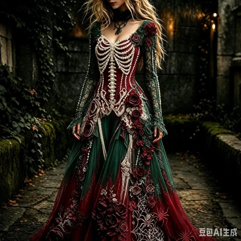 Halloween Maxikleid mit Skelett-Print, neues Spitzenkleid mit ausgestellten Ärmeln, O-Ausschnitt, langes Blumenkleid, Cosplay-Party-Karnevalskostüm