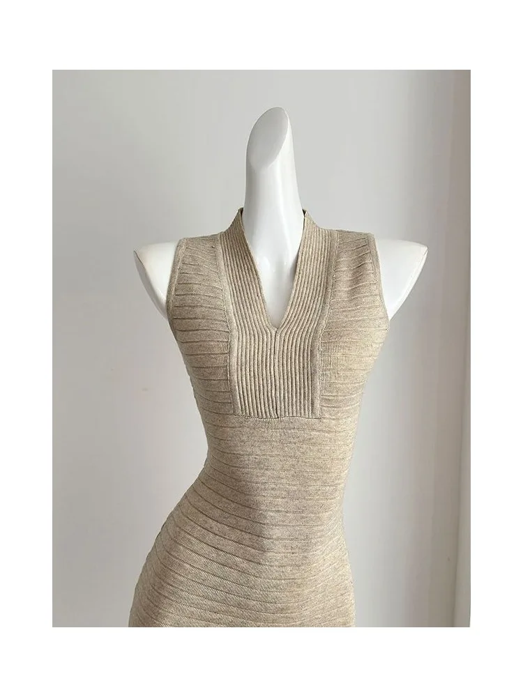 กระโปรงทรงสลิมฟิตเซ็กซี่ V-Ne ถัก Dr เอวสูงฤดูร้อนใหม่ Sle Ladylike Sle ห่อรอบ Bodycon Dr