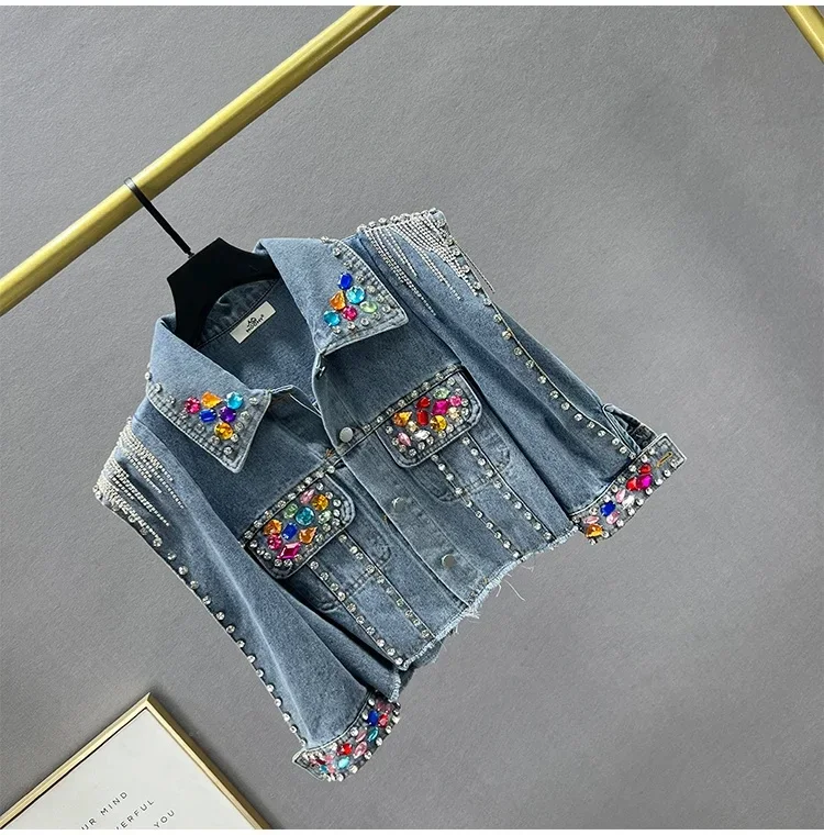 Tassel Rivet Colorful Diamond rhinestone luxury Fashion Women Long Sleeve Streetwear Outwears denim Jackets Coat Summer