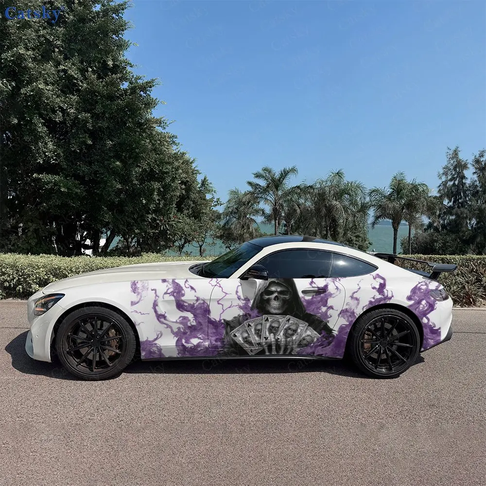 

2pcs Purple Flame Grim Reaper & Poker Cards Car Side Wraps, Self-Adhesive PVC Waterproof & Scratch-Resistant Stickers