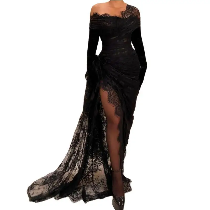 Customized Elegant Gothic Clubwear Party Dress Women Black Lace Formal Prom Dresses Sexy Mermaid Slit Occasion Cocktail Gown