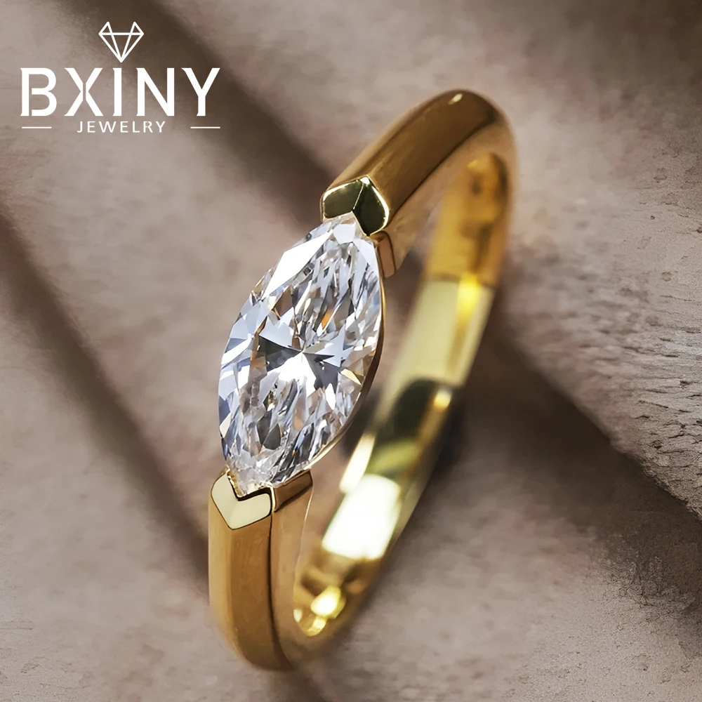 

BXINY 1CT Marquise Cut Moissanite Ring S925 Silver Plate 18K Gold for Women Solitaire Diamond Wedding Band Gift Jewelry with GRA