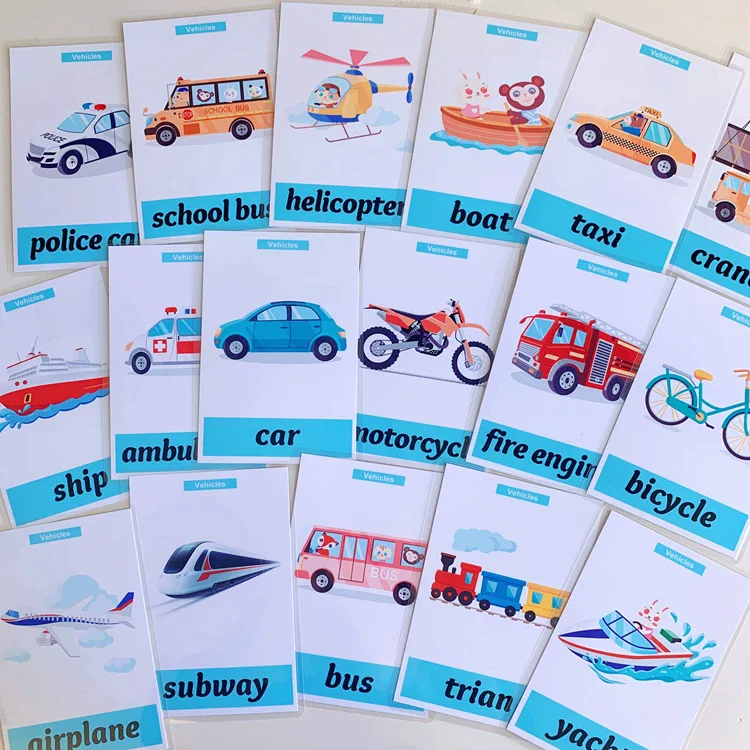 38pcs English Vocabulary Flashcards for Transportation 8x11cm Durable English teaching aids for kindergarten children's enlight