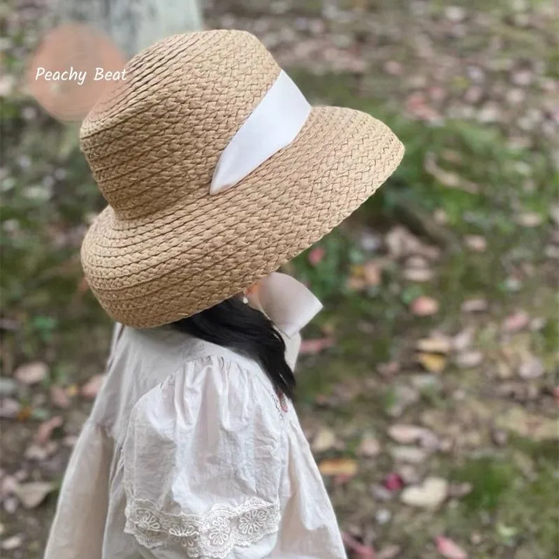 

Fashion Baby Girl Ribbon Sun Straw Cap Spring Summer Knitted Cool Hat Sun-proof Infant Toddler Child Beach Holiday Baby Hat 4-8T
