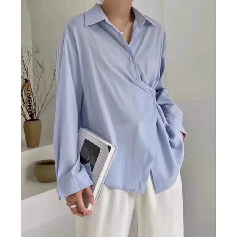 Fashion Lapel Button Solid Color Asymmetrical Shirts Women Clothing 2024 Spring Summer New Loose Casual Tops Irregular Blouses