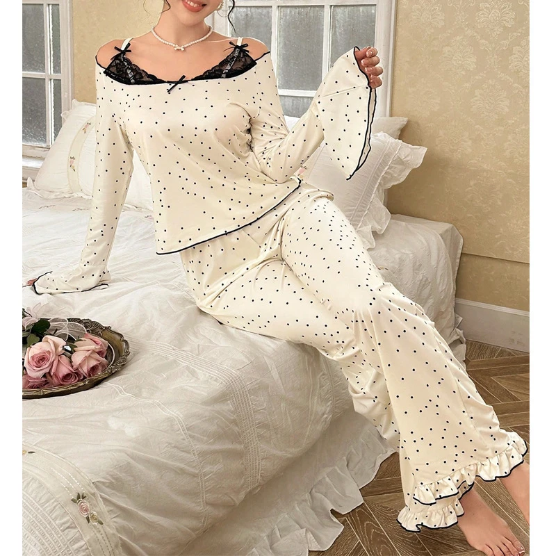 Sexy Off Shoulder 2PCS Pajamas Suit Long Sleeve Lace Top Pant Women Spring Autumn New Loungewear Print Home Clothes Pjs