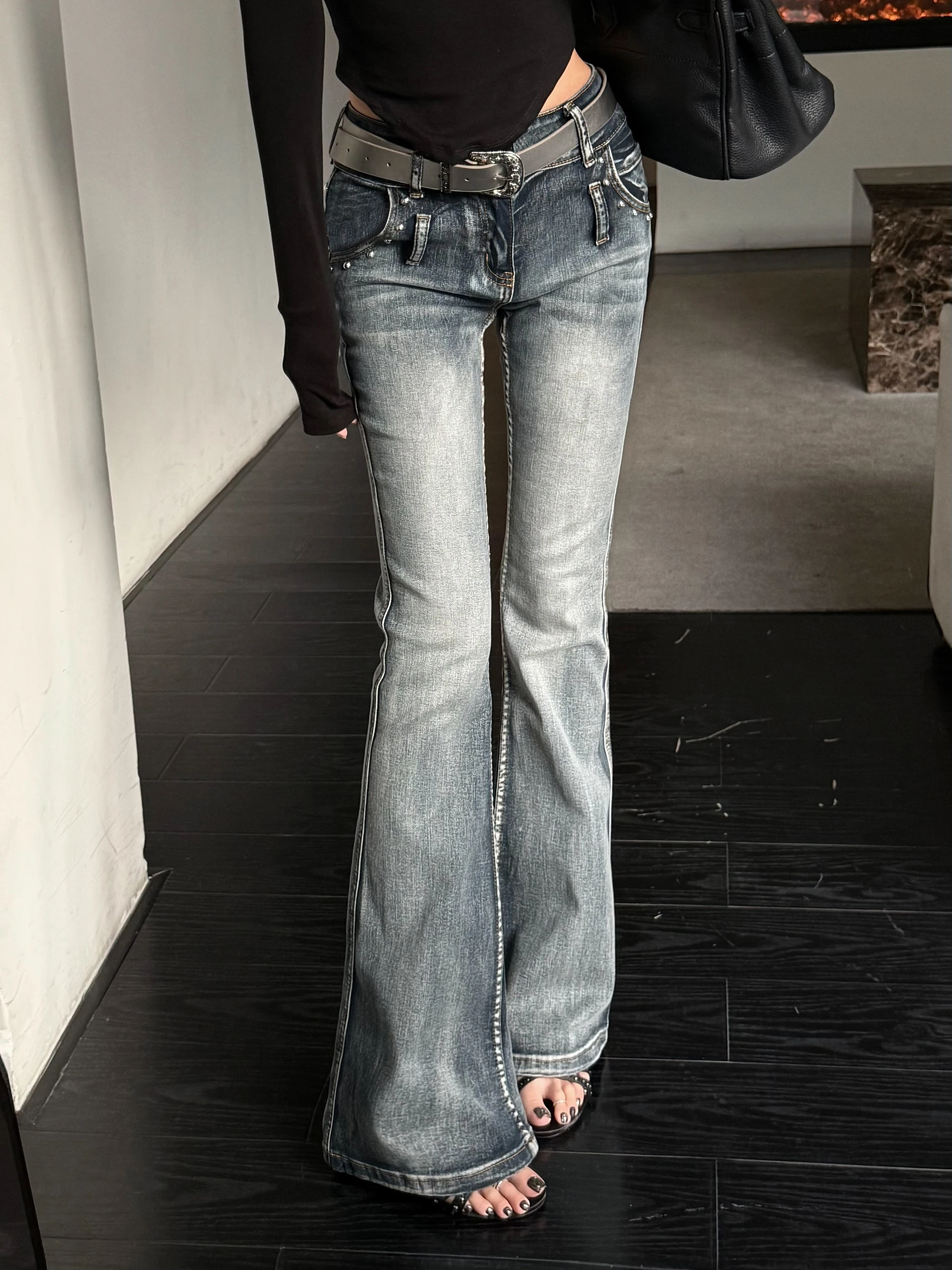 

Wild Zero American Retro Rivet Bell Bot Jeans Women's New Sle ular High Waist Slimming Flared Pants Casual Cotton