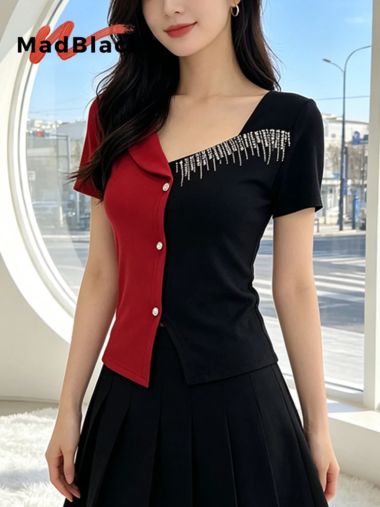MadBlack-Women European T-Shirt, Sexy Square Collar Diamond, Clubwear Short Sleeve Slim M-3XL Knit Tee, 2026 Summer New T65780CC