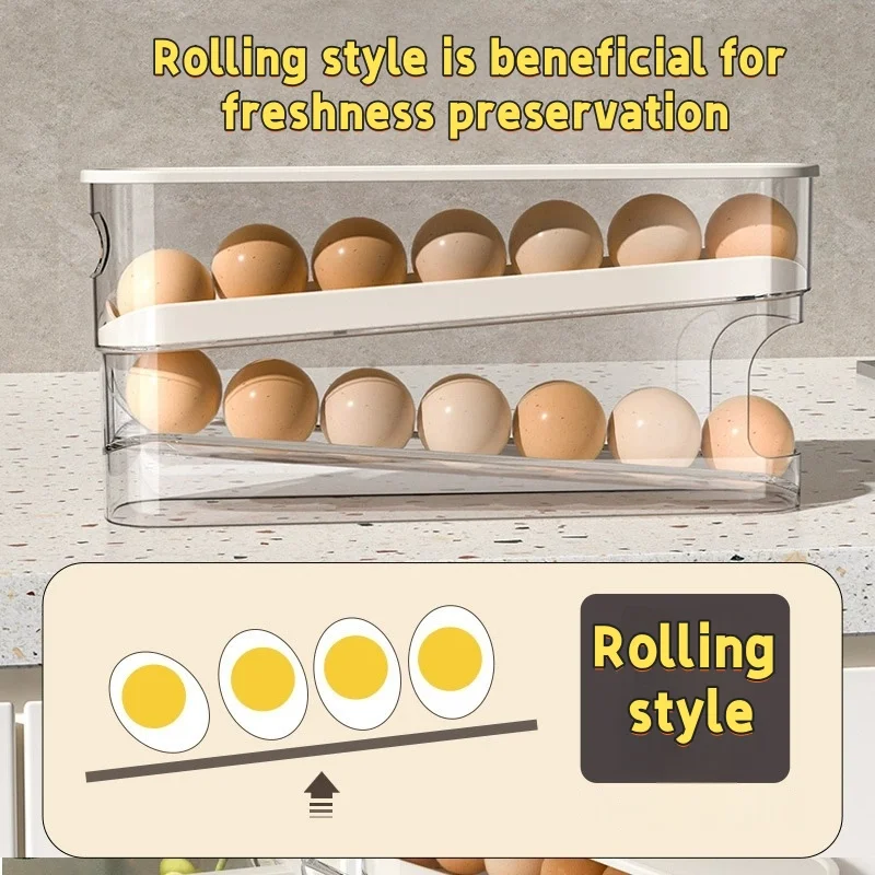 Home egg storage box, kitchen stackable rolling flow reset fresh-keeping storage box