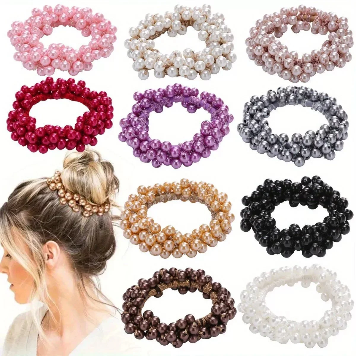 Élastiques à cheveux pour femmes et filles, avec perles et nœuds, chouchous, attaches pour queue de cheval, accessoires capillaires