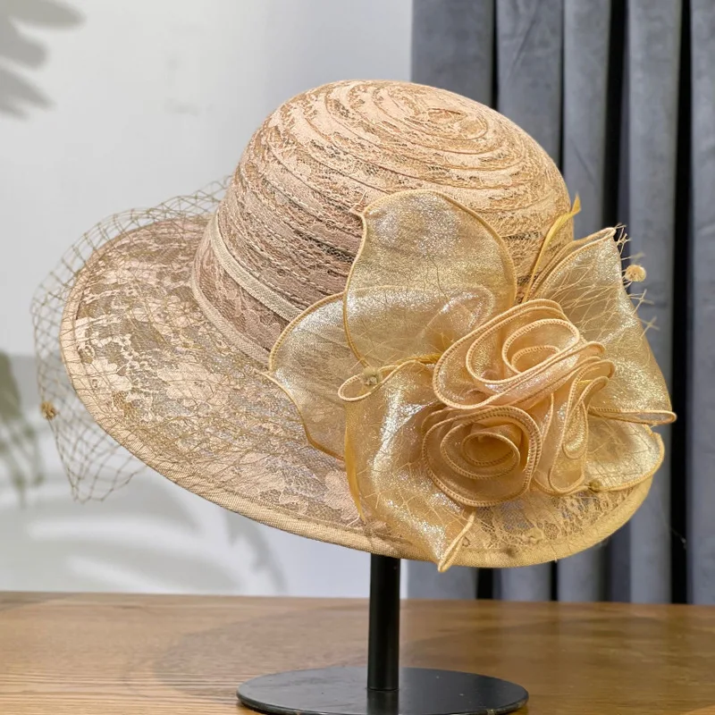 Mom Hat Women's Summer Thin Breathable Net Yarn Flowers Top Hat British Fashion Lady Sun Protection Sun-shade Fisherman Hat