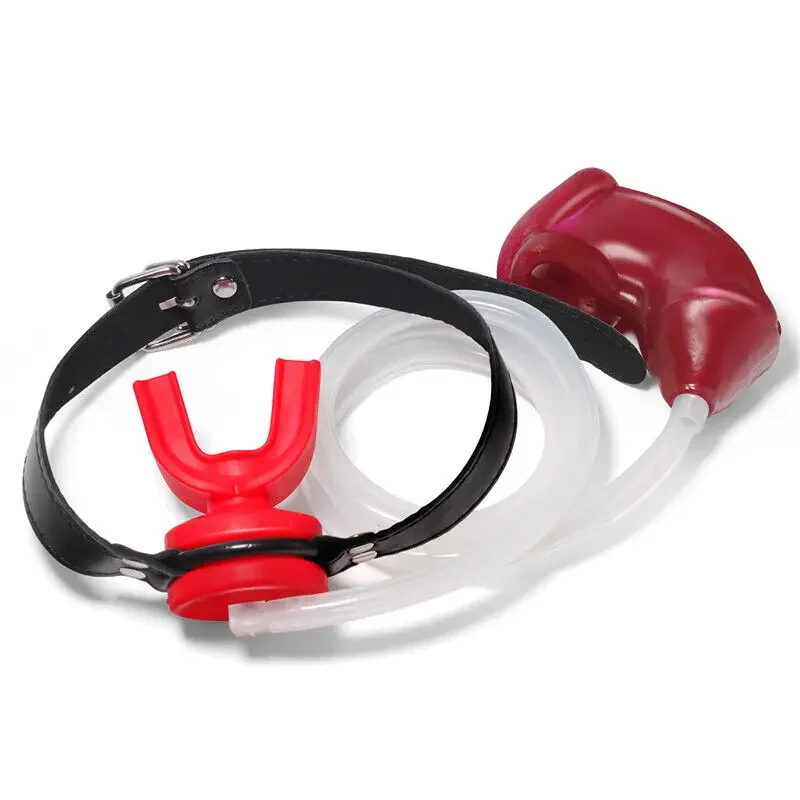 Urinal Flow Into Mouth Plug Gag Fetish Harness Sex Toy Penis Cage with Tube Piss