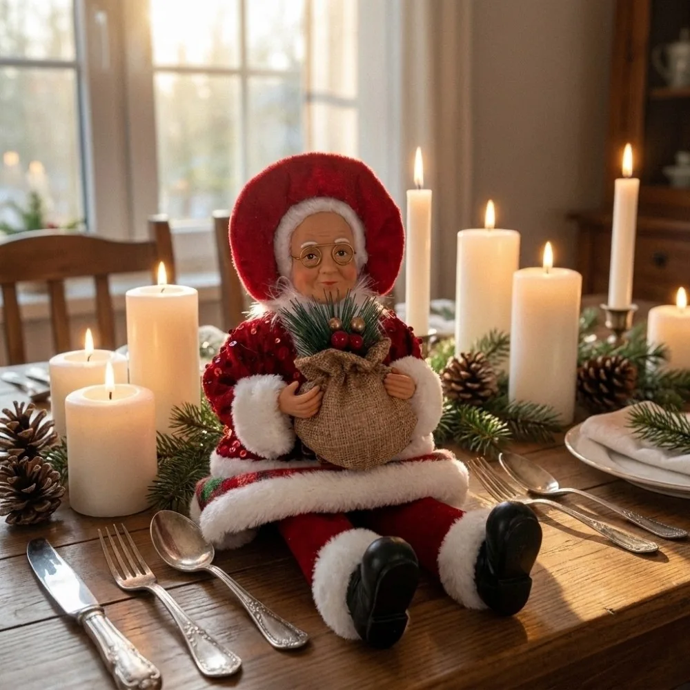 Standing & Sitting Mrs. Claus Christmas Statue Red Plaid Sequin Pine Berry Xmas Figurine Felt Faux Wool Ornament Tabletop