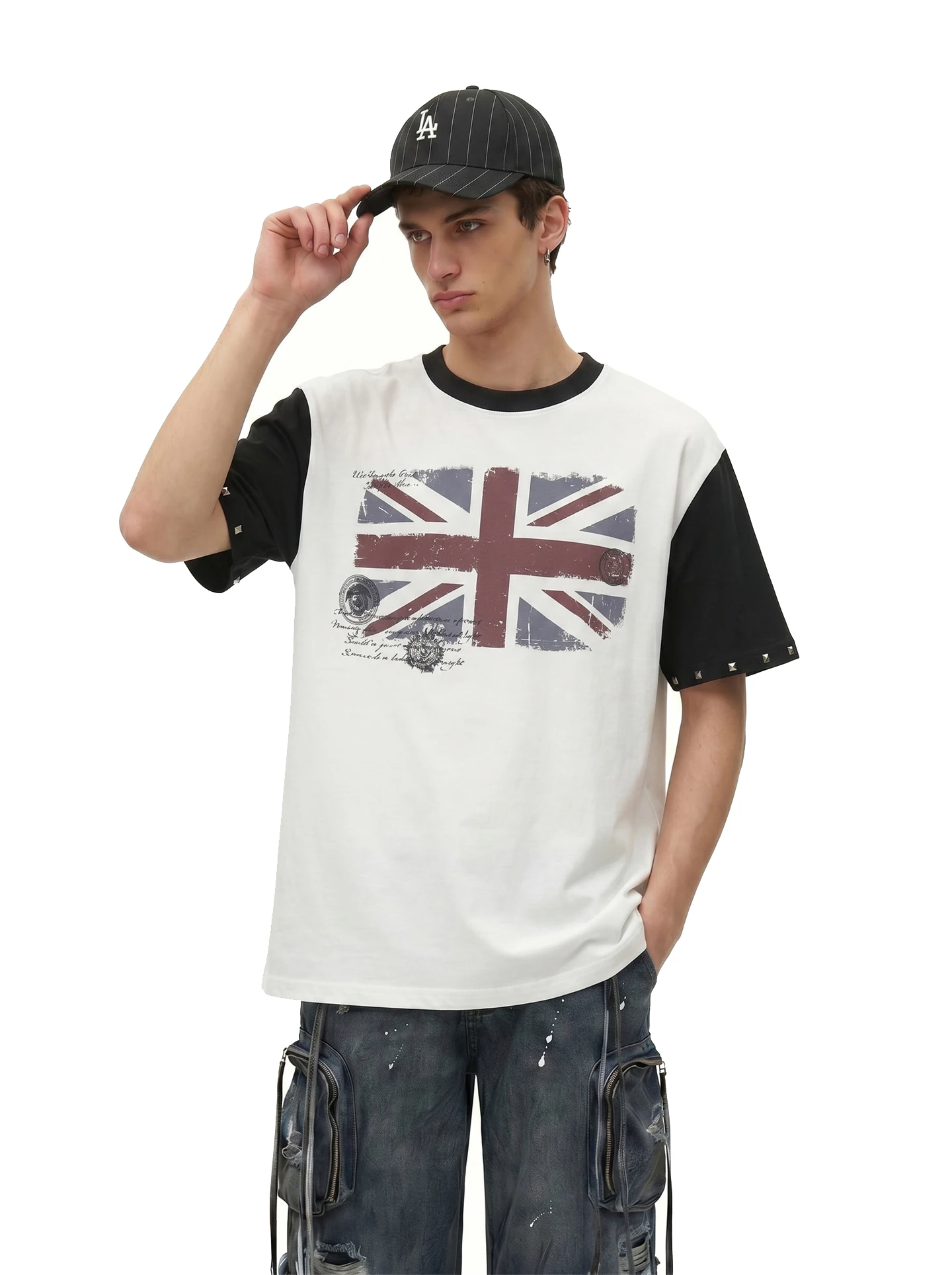 Retro American Flag Print Rivet Short Sleeve T-Shirt Men Summer New Color Block Worn Loose Top Breathable Comfortable Youth F...
