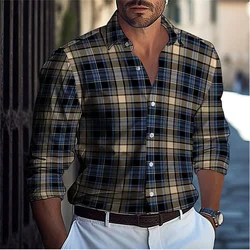 New men's Lapel Button Up Shirt Summer Casual Design Beach Long Sleeve Shirt Comfortable Checkere Color Block men's Clothing Top