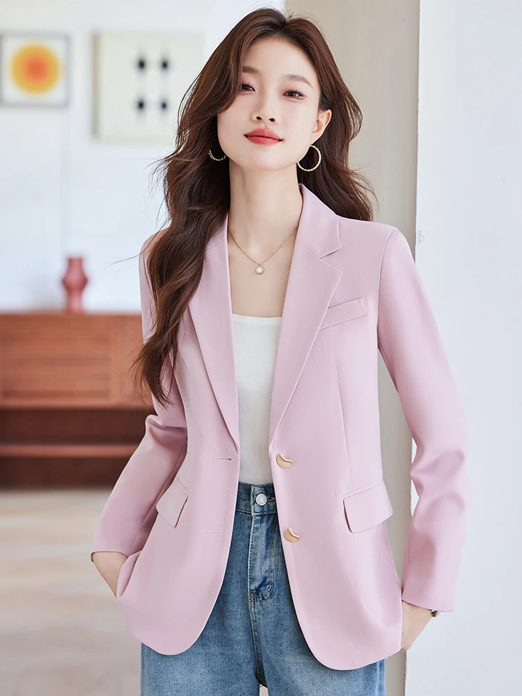 

Розовый женский пиджак в повседневном стиле для весны и осени, маленький размер, элегантный, премиум-класса, для досуга, в западном стиле, топ