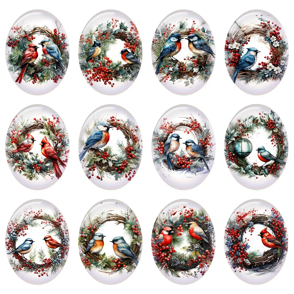 10pcs/lot Christmas X-mas Winter Garlands Birds Oval Photo Glass Cabochon Charms Flatback Demo Cameo For Diy Jewelry Making