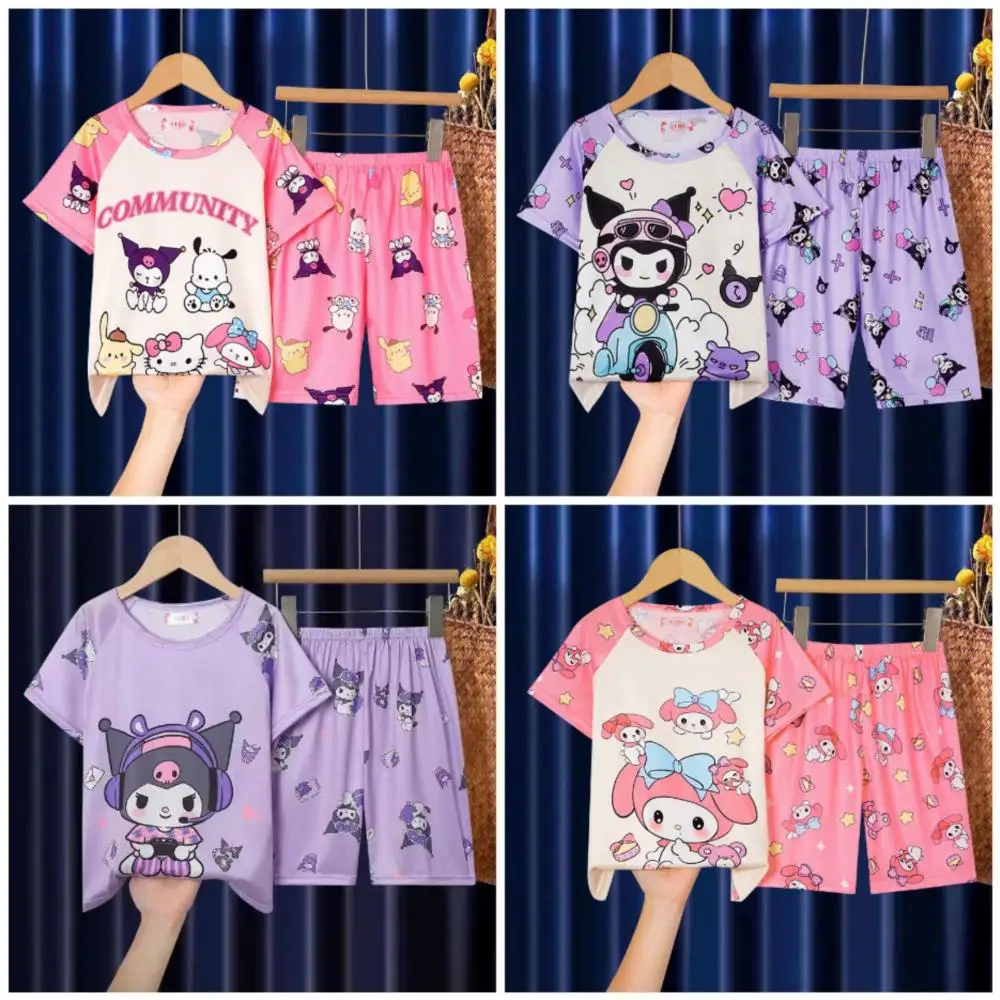 Kawaii 2Pcs Children's Pajamas Short Sleeved Shorts Kuromi Cinnamoroll Melody Anime Summer Cute Thin Cartoon Boy Girls Homewear