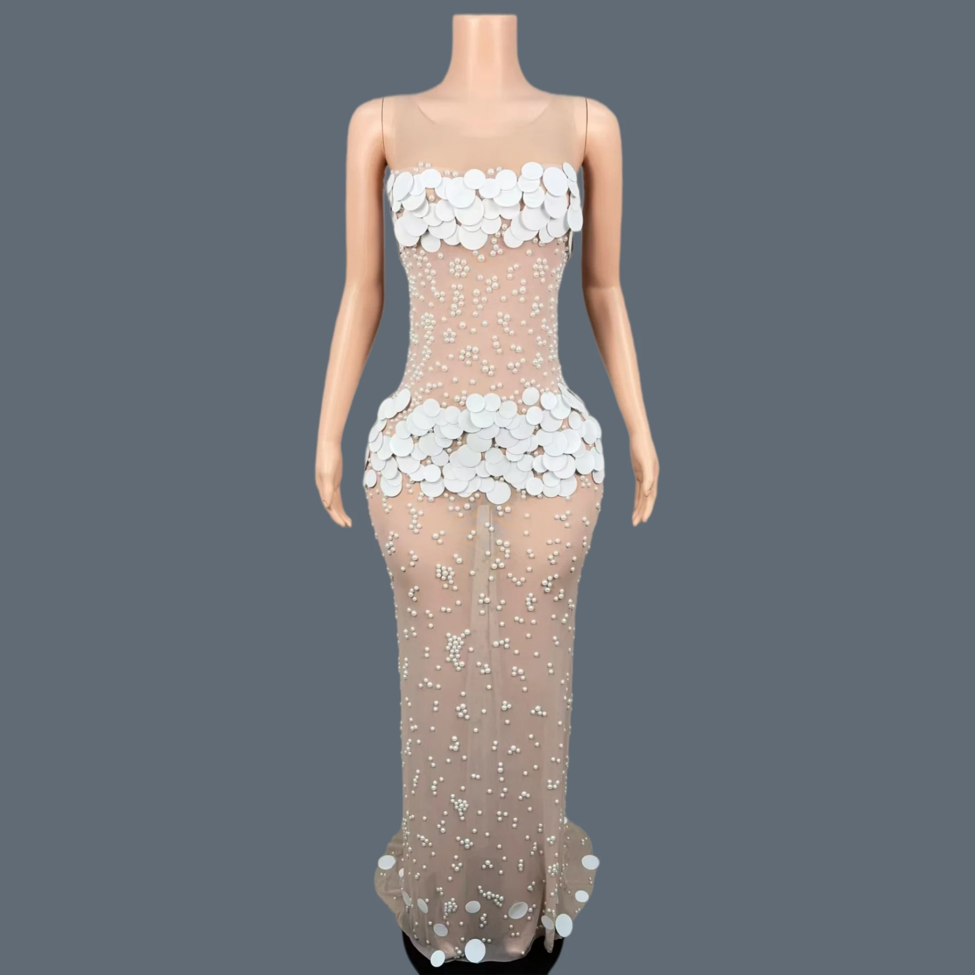 

White Large Round Sequin Pearl Mesh Mermaid Maxi Dress Sleeveless Sheer Bodycon Birthday Celebrate Party Evening Gown Shuixian