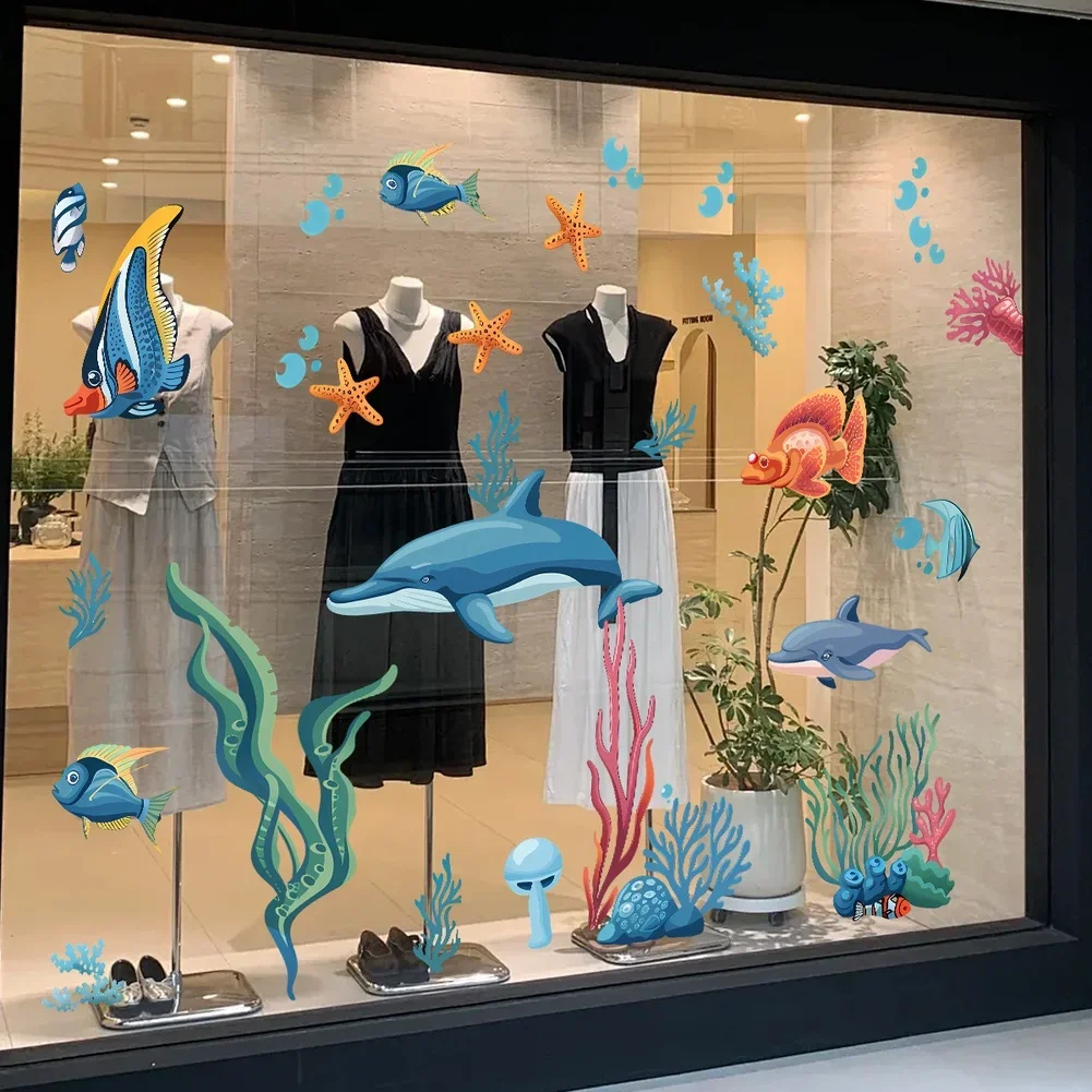 Static Cling Sticker Cartoon Sea Life Pattern For Glass Doors Kitchen Bathroom For Home Decor PVC 11.81 X 35.43 In Blue