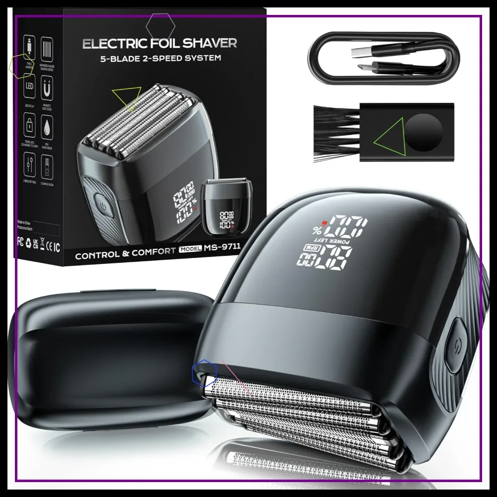 

5-Blade Electric Foil Shaver, IPX8 Waterproof, LED Display, USB-C Fast Charge, Travel Lock