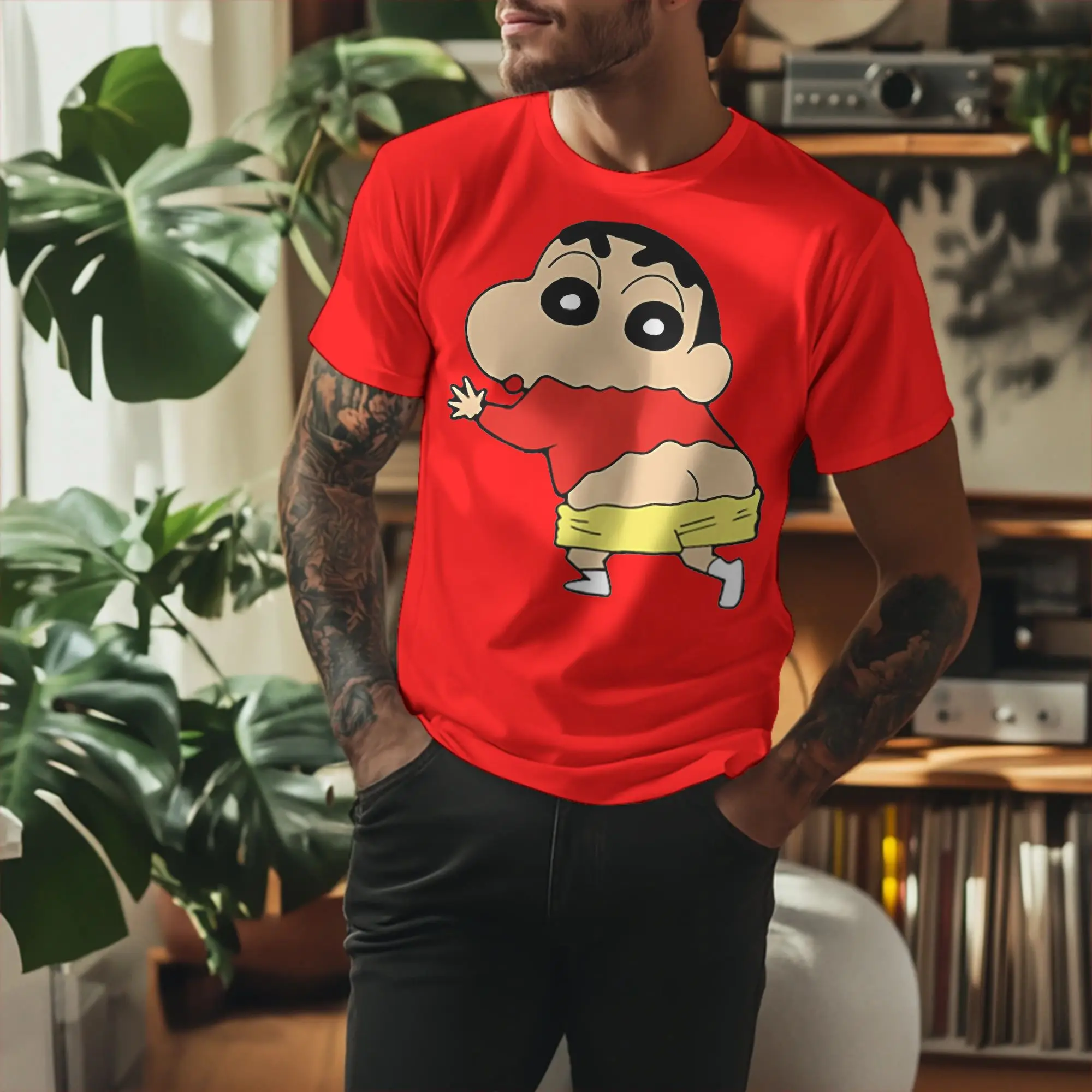 Funny Crayon Shin-chan T-Shirt Men 100%Cotton Short Sleeve Cute Anime Cartoon Round Neck Summer Clothing