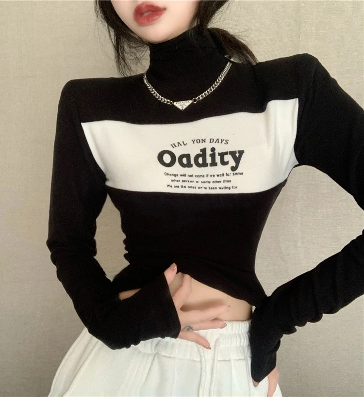 Thickened Long Sleeve T-Shirt Women's High Collar Patchwork Letter Print Fleece Brushed Korean Style Commute Fashion Autumn W...